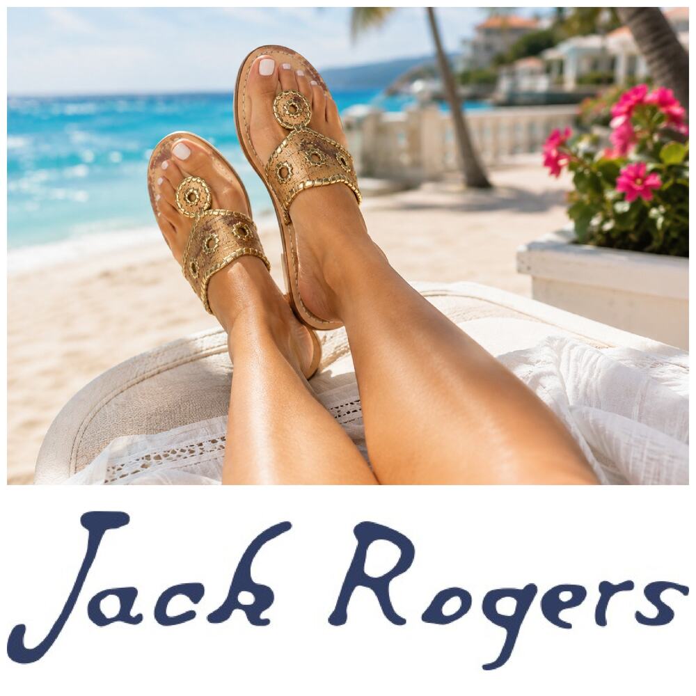 Jack Rogers Jacks Flat Sandals Sz 7 Cork Gold Leather Thong Resort Classic